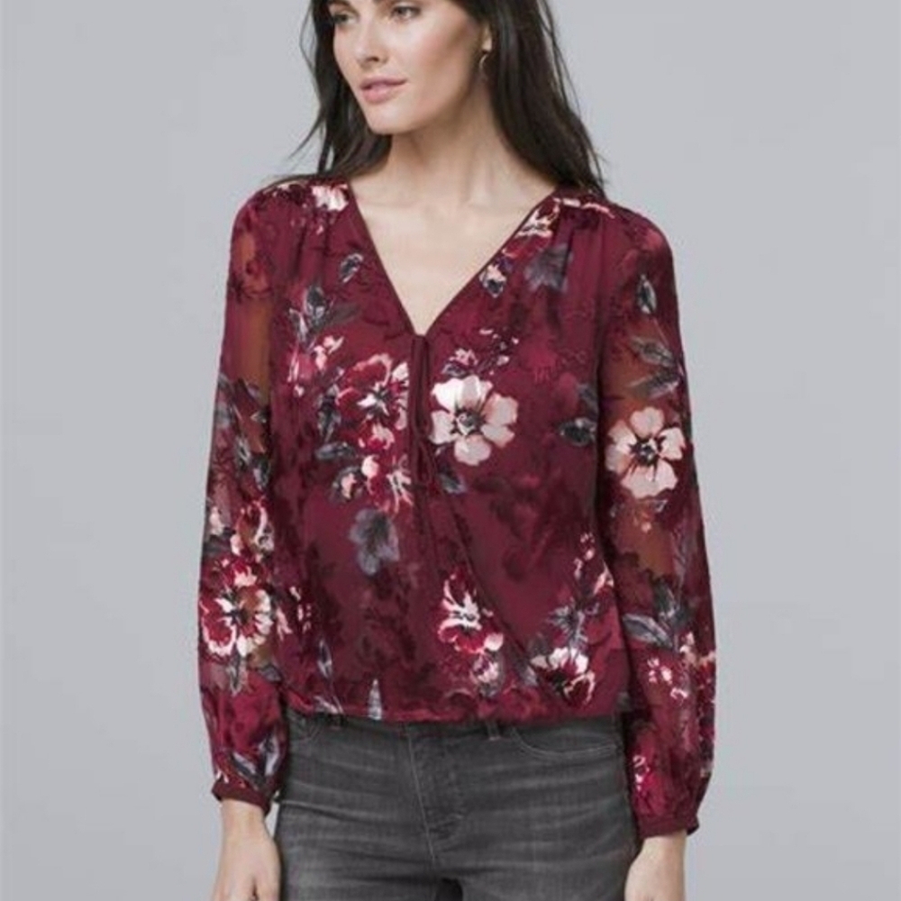 WHBM Silk Velvet Floral Faux Wrap Top Blouse
